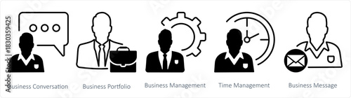 A set of 5 business icons as business conversation, business portfolio, business management