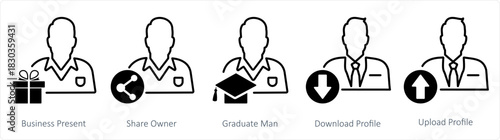 A set of 5 business icons as business present, share owner, graduate man