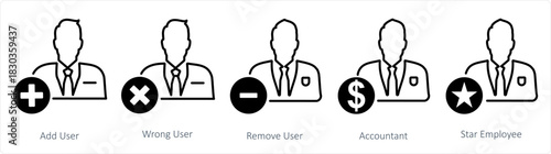 A set of 5 business icons as add user, wrong user, remove user