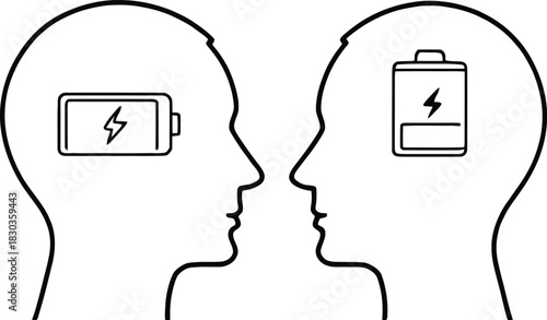 Minimalist Black and White Vector Illustration of Two Human Profiles Facing Each Other with Battery Symbols Representing Energy Contrast and Mental State