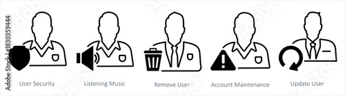 A set of 5 business icons as user security, listening music, remove user
