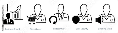 A set of 5 business icons as business growth, store owner, update user