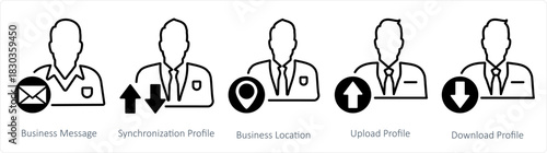 A set of 5 business icons as business message, synchronization profile, business location