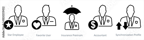 A set of 5 business icons as star employee, favorite user, insurance premium