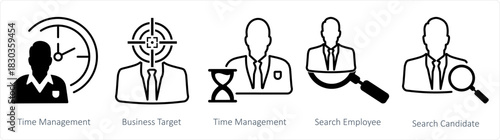 A set of 5 business icons as time management, business target, search employee