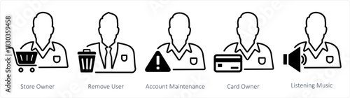 A set of 5 business icons as store owner, remove user, account maintenance