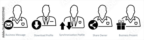 A set of 5 business icons as business message, download profile, synchronization profile