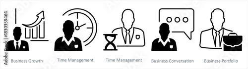 A set of 5 business icons as business growth, time management, business conversation