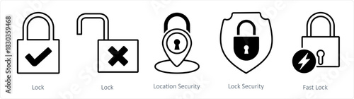 A set of 5 business icons as lock, location security, lock security