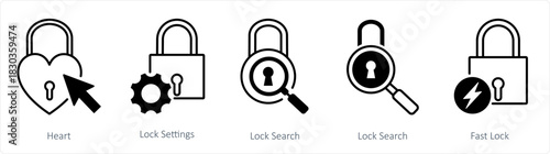 A set of 5 business icons as heart, lock setting, lock search