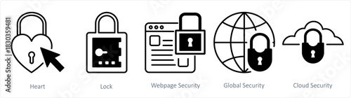 A set of 5 business icons as heart, lock, webpage security