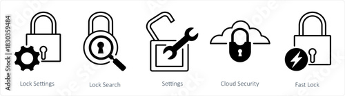 A set of 5 business icons as lock settings, lock search, settings