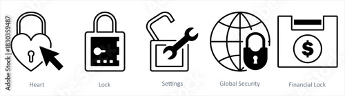 A set of 5 business icons as heart, lock, settings