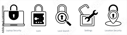 A set of 5 business icons as laptop security, lock, lock search