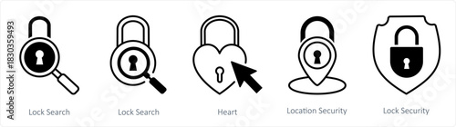 A set of 5 business icons as lock search, heart, location security