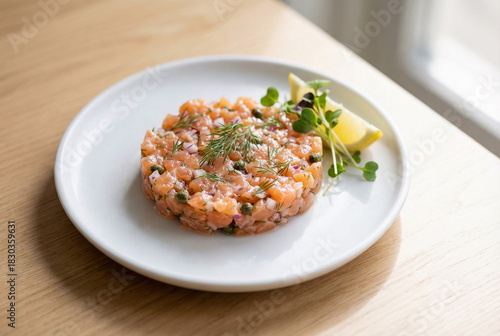 Trout tartar, salmon tartare with capers, sprouted herbs and lemon juice on a white dish. Salmon, red fish tartar