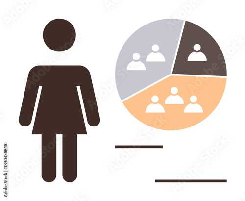 Female figure next to a pie chart divided into sections with people icons, highlighting demographic analysis or team distribution. Ideal for teamwork, diversity, statistics, analysis