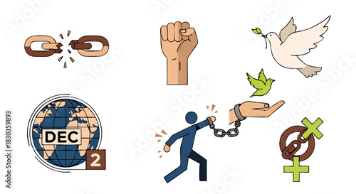 Illustration depicting freedom and human rights through symbols like a broken chain, raised fist, dove, Earth, and a person breaking free from shackles.