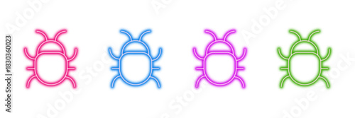 Neon glowing bug vector icons set, insect, beetle, debugging, software, virus, vibrant colorful digital outline design illustration on transparent background.
