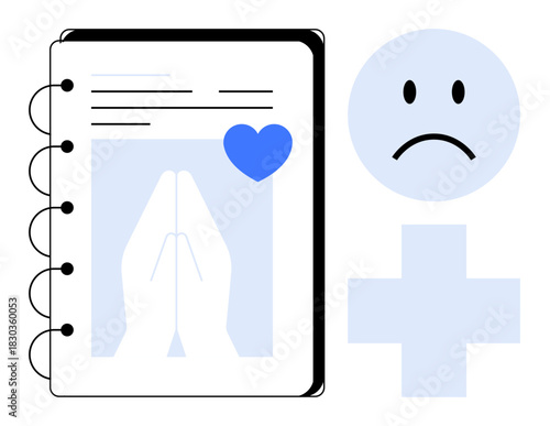 Health and prayer concept. Health symbols thumbs up medical cross, sad face icon, and prayer hands highlight wellness, emotions, and spiritual reflection. Useful for spirituality, wellness, mental
