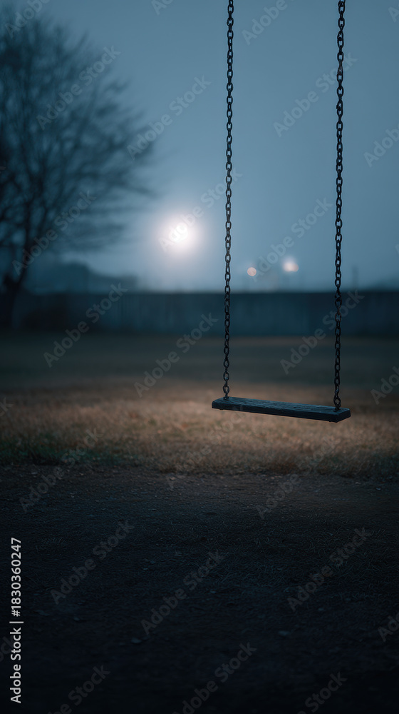 Naklejka premium Empty swing night park moonlight lonely mood empty playground evoke quiet feeling