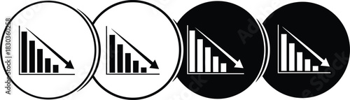 Falling bar graph in black and white ovals depicting financial loss