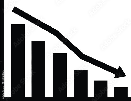 Falling vector bar graph with arrow showing decline in business performance
