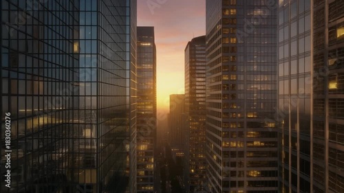 Sunrise or sunset between modern glass skyscrapers in a bustling city, reflecting warm light.