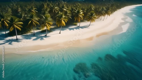 Aerial view of a pristine tropical beach with white sand, turquoise ocean, and lush palm trees lining the shore.