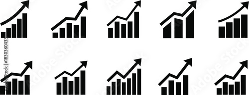 Set of black silhouette vector bar charts with upward trending arrows
