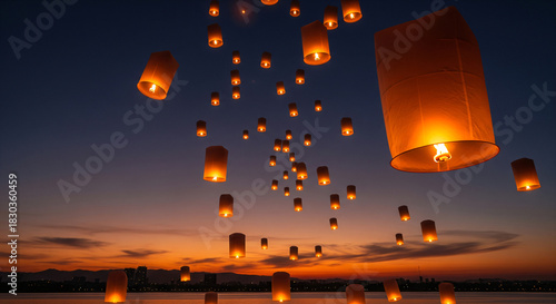 Thousands of vibrant orange sky lanterns illuminate the starry night