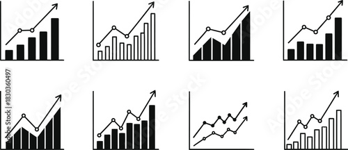 Set of simple black and white business vector growth chart illustrations