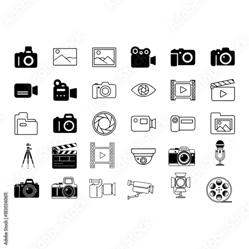 Photo and video icon set. Icons of photography, image, photo gallery, video camera and photo camera. Diaphragm icon. image, photo gallery