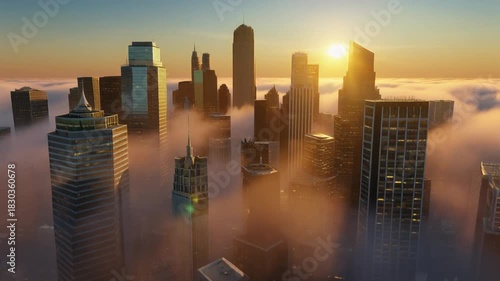 Modern city skyscrapers emerging from a dense layer of fog at sunrise or sunset, creating a breathtaking aerial view.