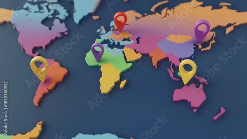 A vibrant 3D world map with colorful continents and multiple location pins indicating global presence or travel destinations.