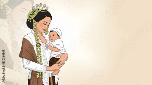 Java Mother holding her Baby in Traditional Dress