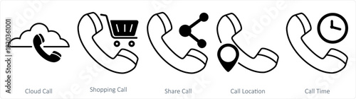 A set of 5 contact icons as cloud call, shopping call, share call