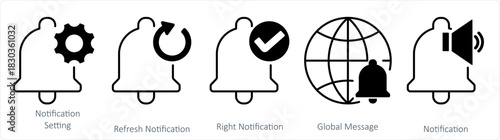 A set of 5 contact icons as notification setting, refresh notification, right notification