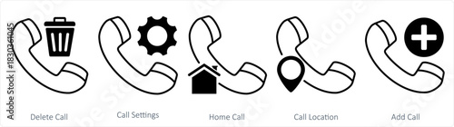A set of 5 contact icons as delete call, call settings, home call