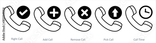 A set of 5 contact icons as right call, add call, remove call