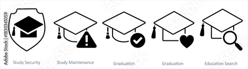 A set of 5 contact icons as study security, study maintenance, graduation