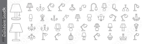 Lamp and lighting line icon set – editable outline symbols of table lamp, chandelier, desk light, sconce and floor lamp