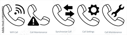 A set of 5 contact icons as wifi call, call maintenance, synchronize call