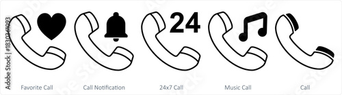 A set of 5 contact icons as favorite call, call notification, 24x7 call