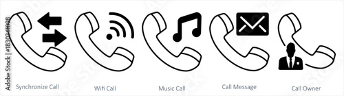 A set of 5 contact icons as synchronize call, wifi call, music call