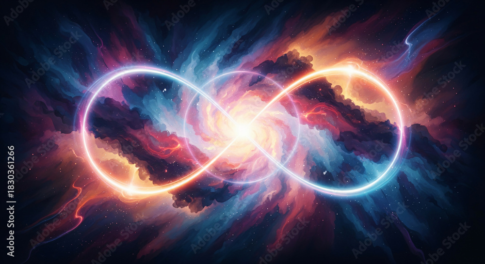 Fototapeta premium Nebula Swirling into a Glowing Infinity Loop Symbolizing Eternal Consciousness and Oneness Watercolor Illustration JPG