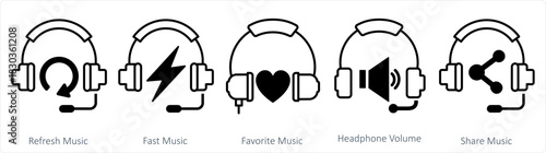 A set of 5 contact icons as refresh music, fast music, favorite music