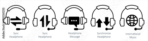 A set of 5 contact icons as sync headphone, headphone message, synchronize headphone