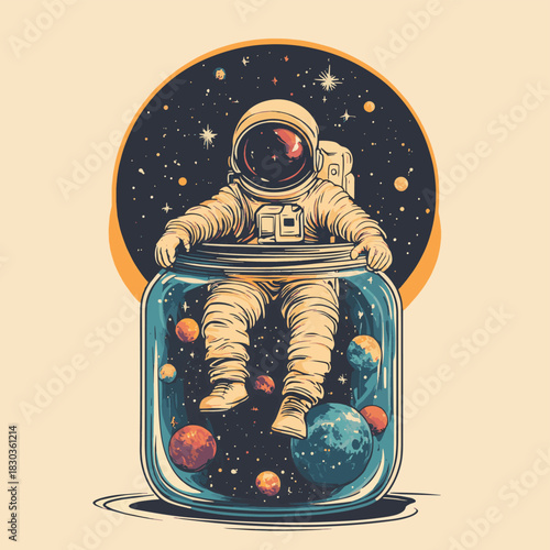 an astronaut is in a jar with space , vector style simple color