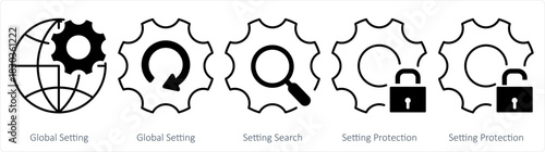 A set of 5 contact icons as global setting, setting search, setting protection